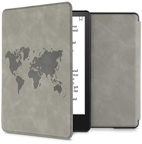 kwmobile e-läsarfodral kompatibelt med Amazon Kindle Paperwhite 11. generationen 2021 – fodral i konstläder med stativ – världskarta i grått
