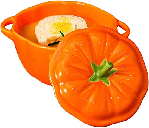 BOSUGE Cuencos for Sopa, Cuenco for Sopa con Asas y Tapa, Cuenco for Sopa de Cebolla de cerámica de 14 onzas, Cuenco for Cereales con Forma de Calabaza de Porcelana, Apto for microondas y Horno