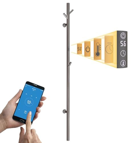 ESOP Scaldasalviette Elettrico 40 W Cromato Radiatore Scaldasalviette con 3 Ganci, Controllo Intelligente WiFi Termoarredo Elettrico da Bagno 1525×65mm Asciugabiancheria da Parete Stendino Elettrico
