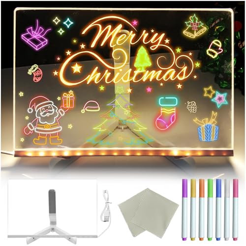 Tableau Acrylique Lumineuse Message LED,Tableau Message Lumières Led avec 7 Stylos de Couleur,Avec Support Réglable,Bloc Notes LED 30X20CM,Tableaus D'écriture LEDs Lumineux Transparent cadre de dessin