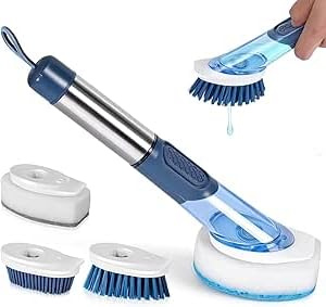 Kitchen Kare Spülbürste mit Spülmittelspender – 4-in-1 Geschirrbürste aus Kunststoff (Blau) inkl. 4 Köpfen: Hartborsten-, Schwamm-, Mikrofaser- & Feinreinigungs-Kopf – Küchenbürste für Töpfe & Pfannen