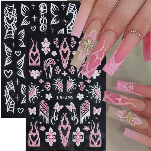 6 Sheet Butterfly Flower Nail Art Sticker Decals 3D Self-Adhesive Glitter Pink Love Heart Floral Design Nail Decals Spider Web Flame Nail Art Sticker Decoration for Women Manicure Accessories Supplies