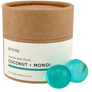 Avivni Moisturizing Bath Oil Beads (15 Pearls), Coconut Oil, Monoi Oil, Soothing Tropical Scent, Biodegradable, Recyclable Container, Mother's Day