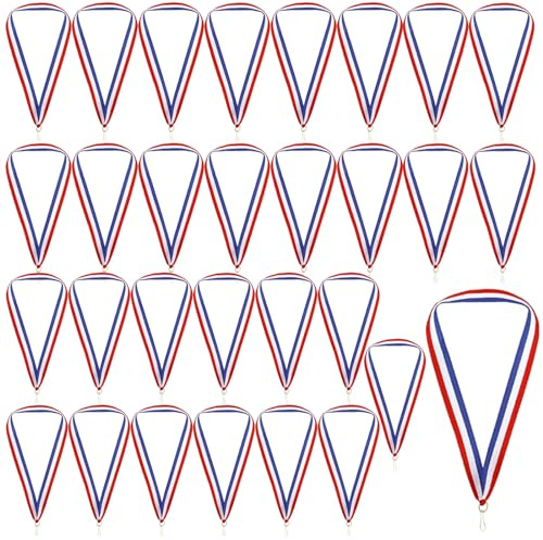 NIYATA 30 st för medaljer, snören, randiga medaljer, band för med tryckknappar, lämpliga för sportspel, festspel och band röd vit blå