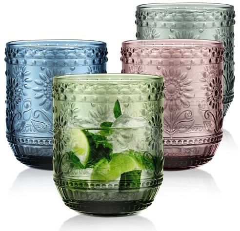 Joeyan 360ml Coloured Drinking Glasses Set of 4, Decorative Floral Embossed Water Glasses Vintage Highball Tumbler Glasses, Heavy Duty Glassware Beverages Tumblers for Whisky, Beer, Juice, Wine