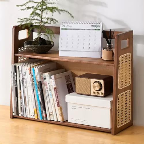 JIAOCKJIAO 2-stöckiges Desktop Bücherregal, Rattan Tischregal, Schreibtisch Bücherregal, Schreibtischregale, Bambus Schreibtisch Organizer Regal, mit Griff, Leicht zu Bewegen(Brown,24''/60cm)