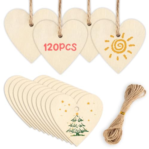 Holzherzen mit Loch, 120 Stück Holzherzen zum Beschriften, 40 mm Holzherzen Hochzeit mit 10m Jute Schnur, Holzherzen Deko für DIY Handwerk, Hochzeit, Gästebuch Beschriften