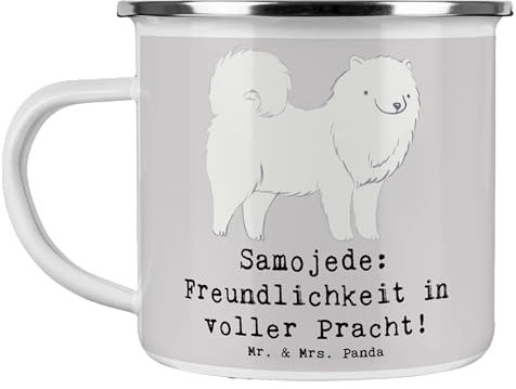Mr. & Mrs. Panda Camping Emaille Tasse Samojede Freundlichkeit - Geschenk, Hunde, Campingtassen, Blechtassen, Edelstahl Trinkbecher, Camping Tassen
