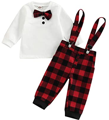 Siyova 2 Pezzi Completo Neonato di Natale Gentiluomo Camicia Manica Lunga con Fiocco+Pantaloni con Bretelle a Quadri Tuta Elegante Bambini 3-18 Mesi (Rosso, 6-9 Months)