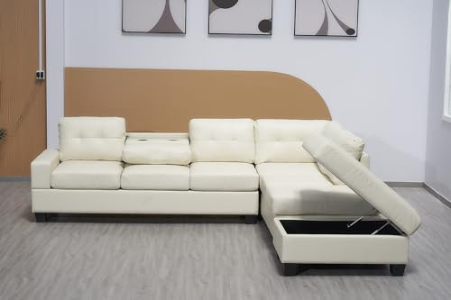 SofaHeaven Western Cream Bonded Leather Fabric Corner Sofa For Living Rooms- Cheap sofas and couches With DROP DOWN TABLE & CUP HOLDER And Ottoman-3020 (RIGHT HAND SIDE)