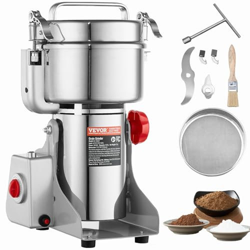 VEVOR 1000g Mulino Elettrico per Cereali, Macina Spezie Commerciale Alta Velocità 3000 W, Macchina Polverizzazione in Acciaio Inox, per Cereali Secchi, Spezie, Caffè, Mais, Pepe, Tipo Oscillante