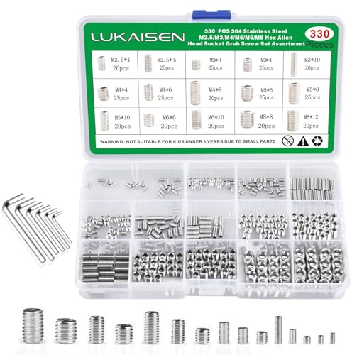 TOP-VIGOR 330Pcs Grub Screw Assortment Set, M2.5/M3/ M4/M5/M6/ M8 Hex Socket Head Set Screws(Cup Point), Threaded Fasteners for Door Handle, Faucet, Light Fixture Home Repairs, Fixtures