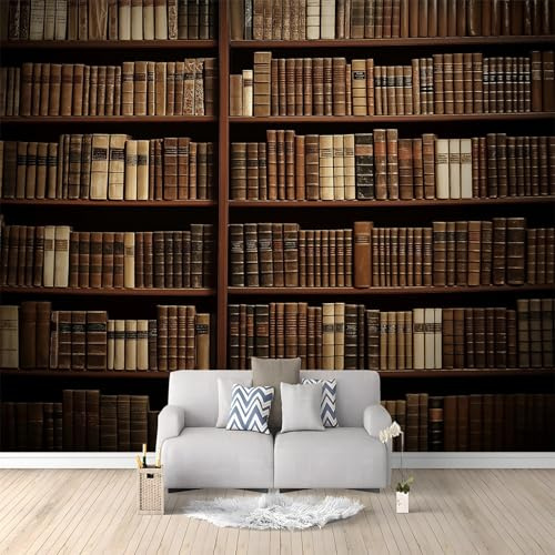 Générique Papier Peint Panoramique 3D Bibliothèque Marron Rétro 200x140 cm Papier Peint Photo Mural Intissé, Poster Tapisserie Mural Personnalisé 3D Pour Salon Chambre Décoration Murale