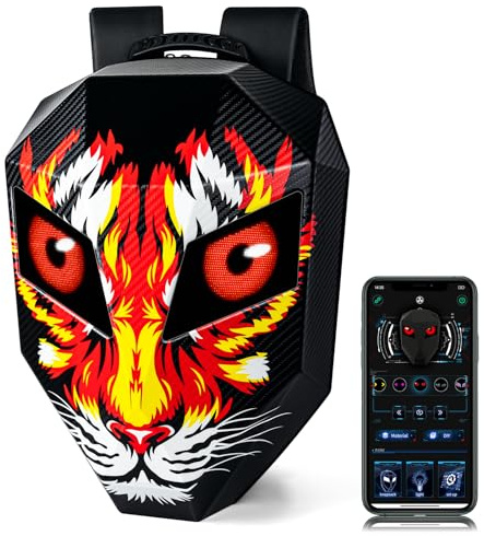 LED Motorcycle Backpack 19, Animated Digital Backpack with Programmable Moving Eyes, Perfect Tech Gear for Style and Fun, Tiger Knight