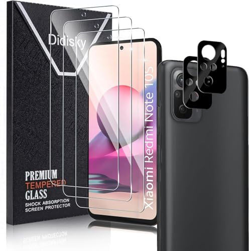 Didisky 3-Unidades Cristal Templado Protector de Pantalla para Xiaomi Redmi Note 10S, y 2-Unidades Protector de Lente de Cámara, Cobertura Completa,Antihuellas, Ultra HD,9H Dureza