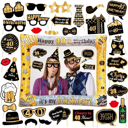 Accesorios para cabina de fotos de cumpleaños número 40, decoración de fiesta de cumpleaños número 40, marco inflable negro y dorado, 40 y fabulosos accesorios divertidos de cabina de fotos para