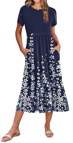 Zeagoo Summer Long Dress for Women 2026 Spring Short Sleeve Casual Loose Midi Dress with Pockets A Line Tiered Flowy Floral Sundress Tshirt Dresses Navy Blue Floral XL
