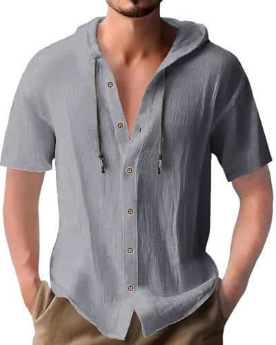 PRIVIMIX Chemise pour Hommes Manches Courtes Boutonnée Chemises à Capuche Lin Coton Regular Fit Été Plage Shirt
