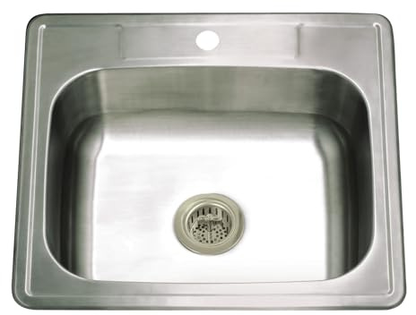 Kingston Brass Studio KGKTS2522818 25 Stainless Steel Self-Rimming Single Bowl Bar Sink with 1-Hole Drain and Strainer, Stainless Steel/Brushed Nickel