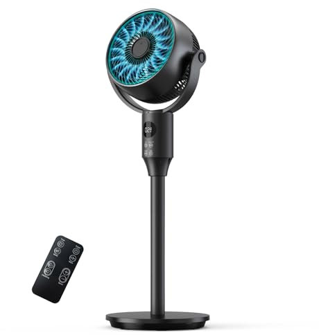 JYMIPA Oscillation Standing Fan for Bedroom, 79ft Airflow Whisper Quiet Pedestal Fan with 3 Modes, 8 Speeds, 90° Air Circulator with Remote, Timer, 24-42 Adjustable Height Desk Fan for Home Office