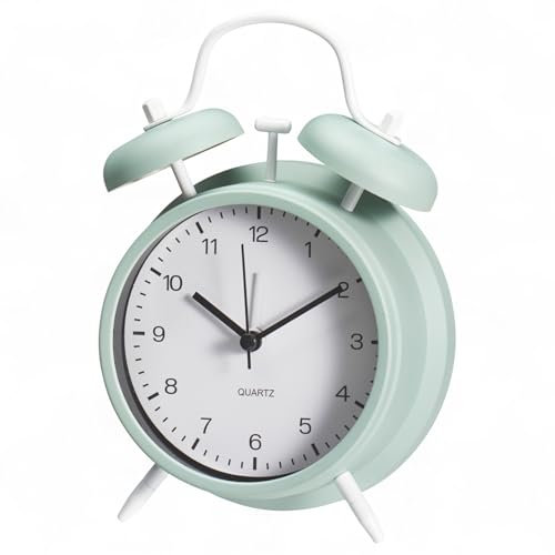 MIJOMA Retro-Wecker 12x16 cm aus Kunststoff – Vintage Design mit Doppelglocken – Dekowecker mit Quarzuhrwerk – klassischer Look für Wohn- & Schlafzimmer – batteriebetrieben (Mintgrün)
