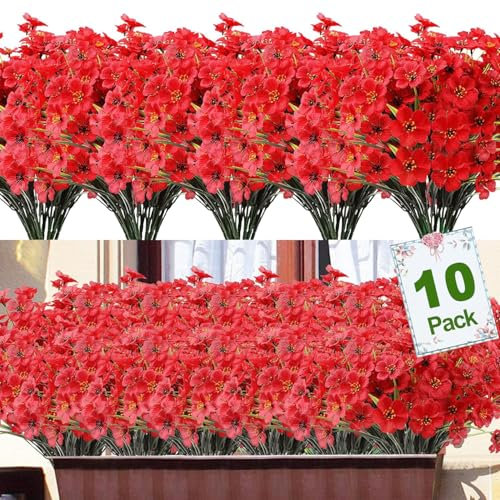 Titifeya 10 Bundles Artificial Red Violet Flowers Outdoor UV Resistant Plastic Fake Plants, Artificial Faux Plants for Garden Window Box Hanging Planter Indoor Home Porch Decor