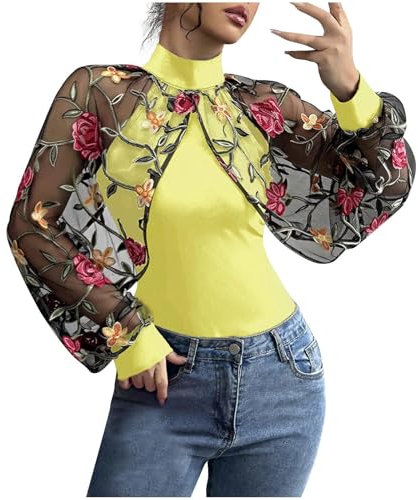 Casual Tops for Women UK 2025 Floral Embroidery with Lace Long Sleeves Shirts Pullover Lightweight Comfy Slim Fit Clothes Baggy Going Out Office Work Blouses Tshirts Tunics Yellow