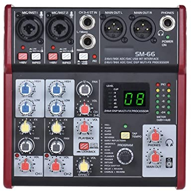 SM-66 Console de mixage audio 4 canaux 16 effets intégrés avec interface audio USB prend en charge la banque d'alimentation 5 V pour DJ