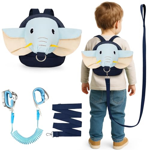 Funsland Caminar Niños Antiperdida Arnes Mochila: 3 en 1 Ajustable Elefante Cinturón de Seguridad para Niños y Mochila, Correa de Muñeca Antipérdida con Llave y Cerradura, para Viajes y Salidas(Azul)