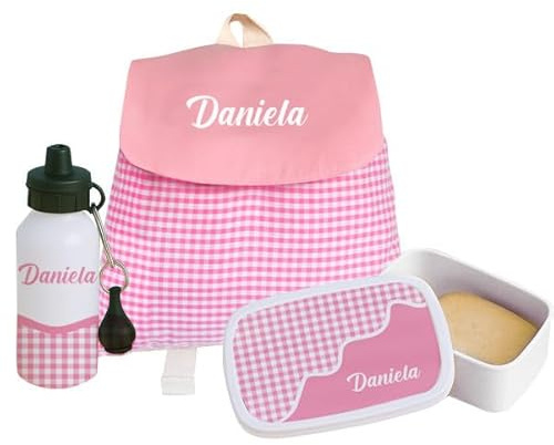 Pack Escolar Infantil Personalizado 3 Piezas – Mochila, Fiambrera y Botella de Aluminio con Diseño Cuadros Rosas. Vuelta al Cole, Excursiones y Regalo Original para Niñas. Kit Escolar Completo.