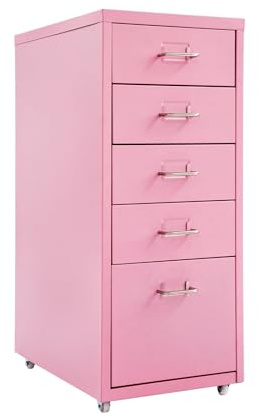 WooDerson Lådskåp, mobilt arkivskåp med 5 lådor, modernt arkivskåp med hjul, rullningsfilorganisatör metall förvaringsskåp för hem och kontor (rosa)