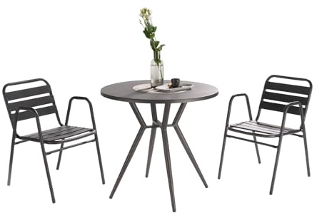 Liadomo Bistro-Set Lesina, 2 Stapelstühle mit Tisch Ø 80 cm, Alu anthrazit | Balkon-Set, Gartenstühle stapelbar, outdoor, pflegeleicht