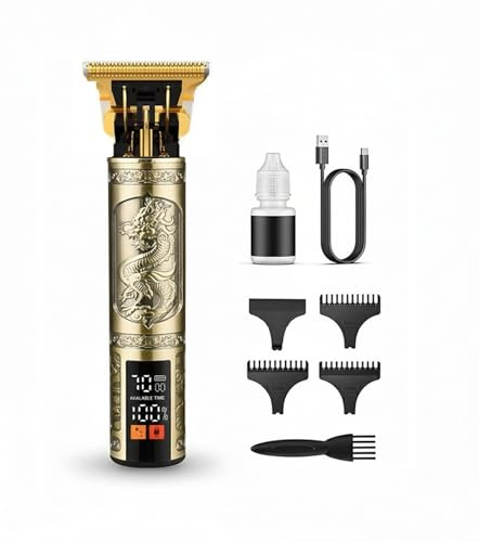 Maquina Cortar Pelo Hombre – Maquina de afeitar Hombre, Profesional, Inalámbrica, Pantalla LCD, Carga USB Tipo-C, Cuerpo Metálico Dorado, Motor Potente, Peines Incluidos