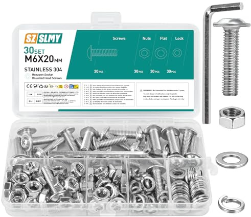 Juego de 30 tornillos M6, tornillos de cabeza alomada, M6 x 20 mm, acero inoxidable, tornillos de brida, tornillos de cabeza plana con brida, rosca completa para máquina, juego de tornillos roscados