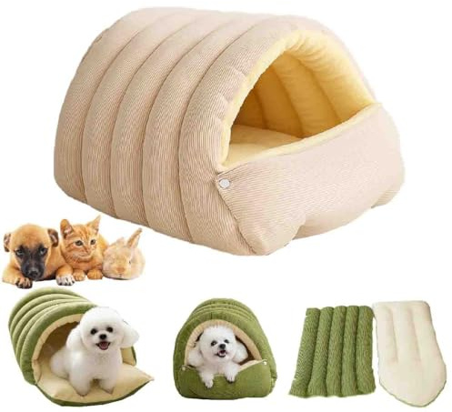 Winterhöhle,Abnehmbares und Waschbares,Geschlossenes Winter-Katzenbett,Gemütliches Katzenhöhle,Plüsch-Haustierhöhle,Weicher Haustierschlafsack,Höhlenhaus für kleine Katzen und Hunde (Beige-S)