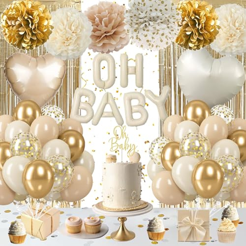 Babyparty Deko Mädchen Jungen, Beige Baby Party Dekoration Neutral, Baby Shower Deko mit Oh Baby Deko Luftballon, Herzförmige Folienballons, Lametta Vorhang, Boy or Girl Deko für Gender Reveal Party