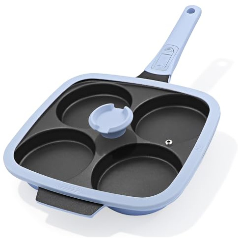 RANX INGST Padella Pancake Grande 4 Fori 26 x 24 cm con Coperchio, Blu | Padella grande a 4 fori per uova, pancake e burger, con coperchio e rivestimento antiaderente.