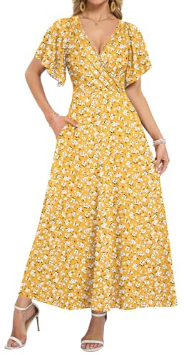 WNEEDU Long Summer Dresses Women UK Elegant Deep V Neck Maxi Wrap Dress | Ladies Summer Long Dress Emprie Waist Ruffle Sleeve Formal dress Wedding Guest dress Holiday Evening