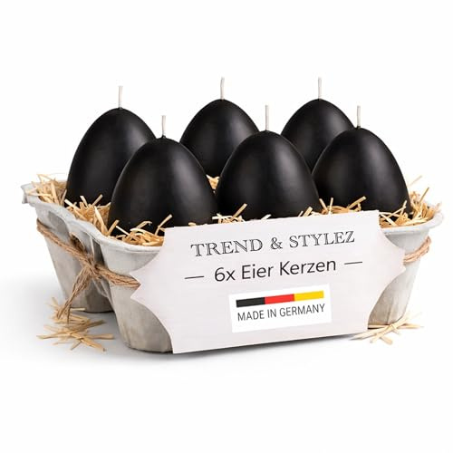6 Eierkerzen im Set (60x45mm) | Handgetauchte Osterkerzen | Made in Germany | RAL-zertifiziert | 7h+ Brenndauer | Frühlingsdeko & Geschenkidee (Schwarz)