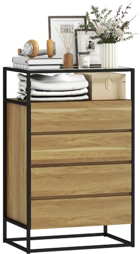 HOMCOM Cassettiera Camera da Letto 4 Cassetti, Comò 60x40x94.5cm Color Teak | Comò Camera da Letto, Piano Vetro Temperato, Ripiano Aperto, in Acciaio, Cassettiera Salvaspazio, per Soggiorno Corridoio