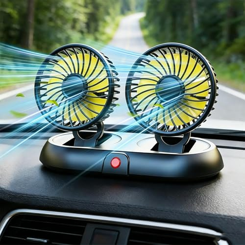Auto Ventilator USB 12v 9.6W, 3 Geschwindigkeiten & 360°-Drehung Tragbarer Doppelkopf USB Ventilator Lüfter Mit Nummernschild für Auto, Desktop, Kinderwagen, Büro, Camping Freien