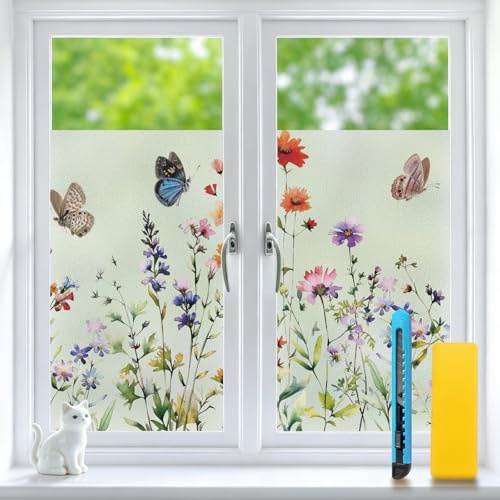 Sevenpers Fensterfolie Blickdicht –Bunte Blumen Milchglasfolie 59.5x120cm | Elektrostatische Adsorption Fensterfolie Selbsthaftend, Wiederverwendbar, ideal für Wohnzimmer, Schlafzimmer & Balkon