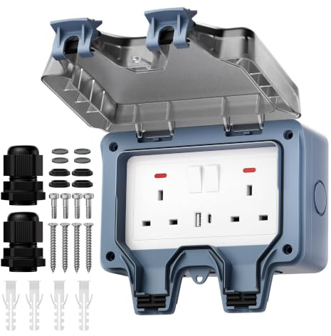 Joinfworld Double Outdoor Socket with USB & Type C Ports,13Amp 2 Gang | Waterproof IP66 Outside Socket,Weatherproof Wall Electrical Outlet Cover Box for Garden