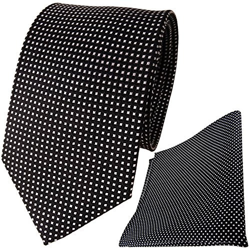 TigerTie Seidenkrawatte + Einstecktuch schwarz silber gepunktet mit kleinen Karos