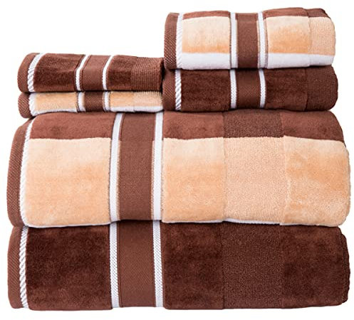 Lavish Home 6-Piece Bath Towels Set - Oakville Beige-Striped 100% Cotton Velour Set With 2 Bath Towels, 2 Hand Towels, and 2 Washcloths