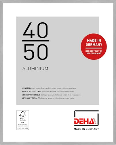 DEHA Design Aluminium Bilderrahmen Tribeca, 40 x 50 cm, Silber | Aluminium Posterrahmen im Hoch- & Querformat zum Aufhängen Silber gebürstet bruchsicheres Kunstglas