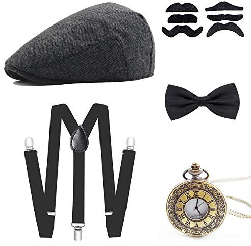 Wagoog 1920s Gatsby Accessoires, 20er Jahre Mafia Kostüm Set Mit Panama Gangster Hut, Verstellbar Elastisch Hosenträger, Halsschleife Fliege Und Vintage Taschenuhr Für Herren