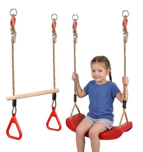 The Magic Toy Shop Trapeze Bar & Swing Seat Set with Adjustable Ropes - 2-in-1 Weather Resistant Garden Climbing Frame Accessories & Red Outdoor Play Equipment for Kids, Ages 3+