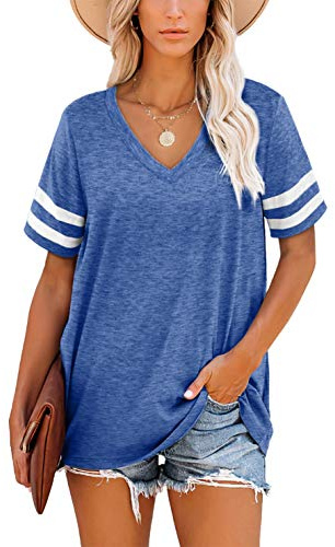 Aokosor Överdimensionerade T-shirts för kvinnor V-ringad damer randig ärm sommartoppar ledig lös tröja, Stil – blå, S