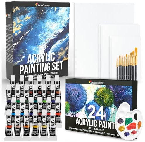 Zenacolor - Kit Colori Acrilici per Dipingere (40 pezzi) - 24x12ml Set Pittura Artisti Con 5 Tele, 10 Pennelli, 1 Tavolozza Colorai